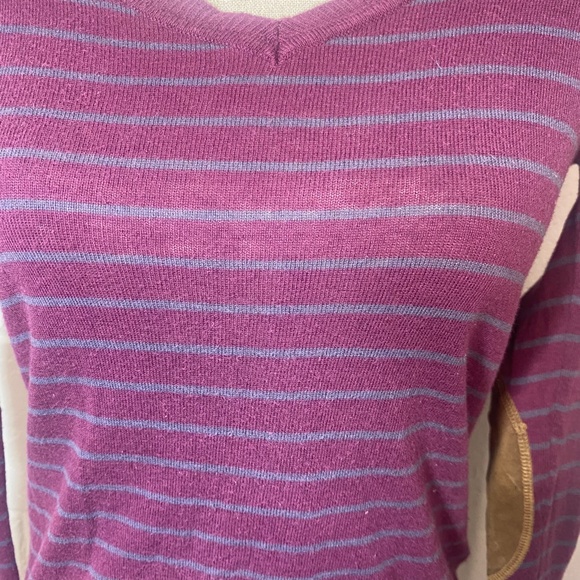 Rubbish Nordstrom Purple Plum Sweater with Gray Stripes & Brown Elbow Patches - Picture 2 of 11